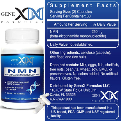Genex Formulas NMN 250mg - Stabilized Form (60 Capsules), 99% Pure Supplement Capsules for Increased NAD Levels, DNA Repair