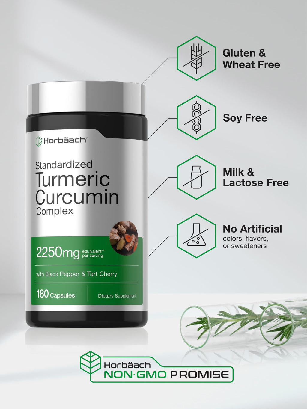 Horbäach Turmeric Curcumin Supplement | 180 Capsules | with Black Pepper & Tart Cherry | Non-GMO & Gluten Free