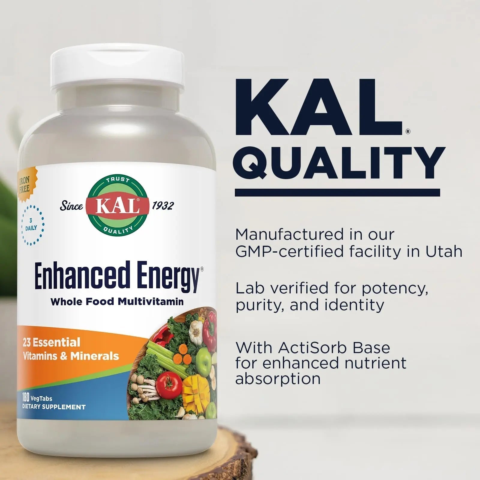 KAL® Enhanced Energy Multivitamin | Whole Food Based Vitamins & Minerals w/ Antioxidants, Digestive Enzymes & Natural Carotenoids | 180 Capsules KAL