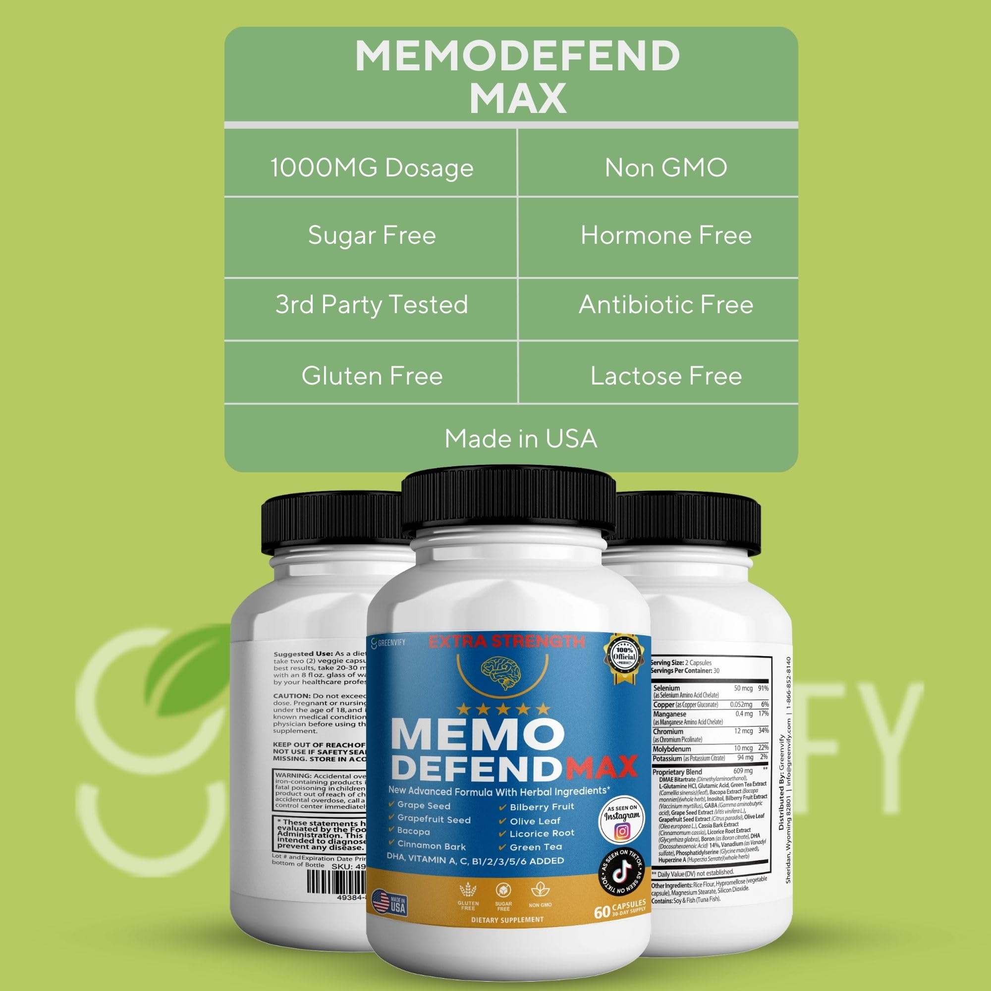 Memo Defend Max Memory Support Supplement, 60 Capsules, with Vitamins A C D E B Complex, DHA, Bacopa, Grapefruit Seed (1) GREENVIFY buy supplements Au