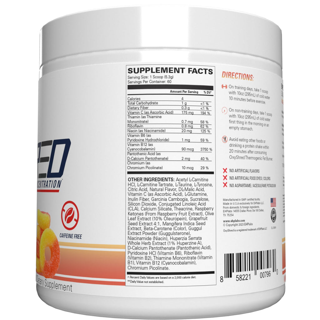 EHP Labs OxyShred Non Stimulant Pre Workout Powder - Stim Free Pre Workout, Caffeine Free Preworkout for Men & Women with L Glutamine & Acetyl L Carnitine - Peach, 60 Servings