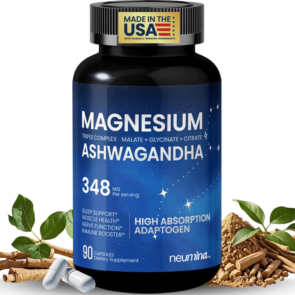 Supplement bottle labeled 'Magnesium Ashwagandha' with ingredients on a white background