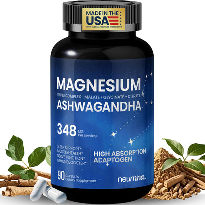 Supplement bottle labeled 'Magnesium Ashwagandha' with ingredients on a white background