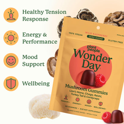 Plant People WonderDay Mushroom Gummies - Lion’s Mane, Cordyceps, Chaga Mushroom Supplement to Support Immune System De-Stress Boost Mood & Energy in Adults Natural