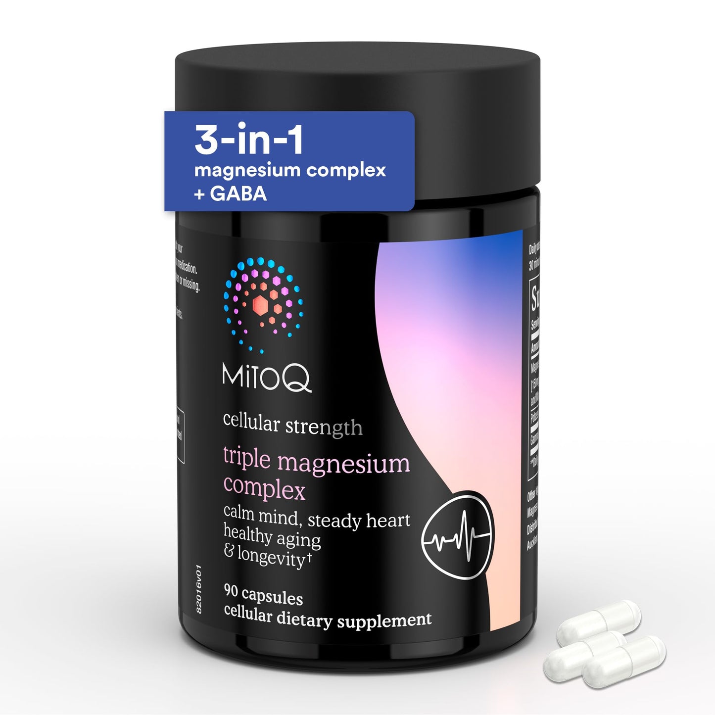 Black supplement bottle labeled 'MitoQ' with white capsules on a white background
