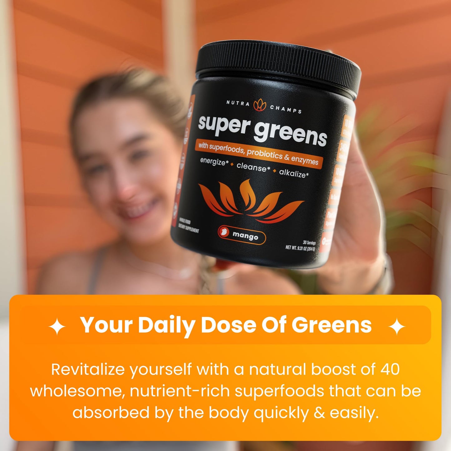 NutraChamps Super Greens Powder Premium Superfood | 20+ Organic Green Veggie Whole Foods | Wheat Grass, Spirulina, Chlorella | Antioxidant, Digestive Enzyme