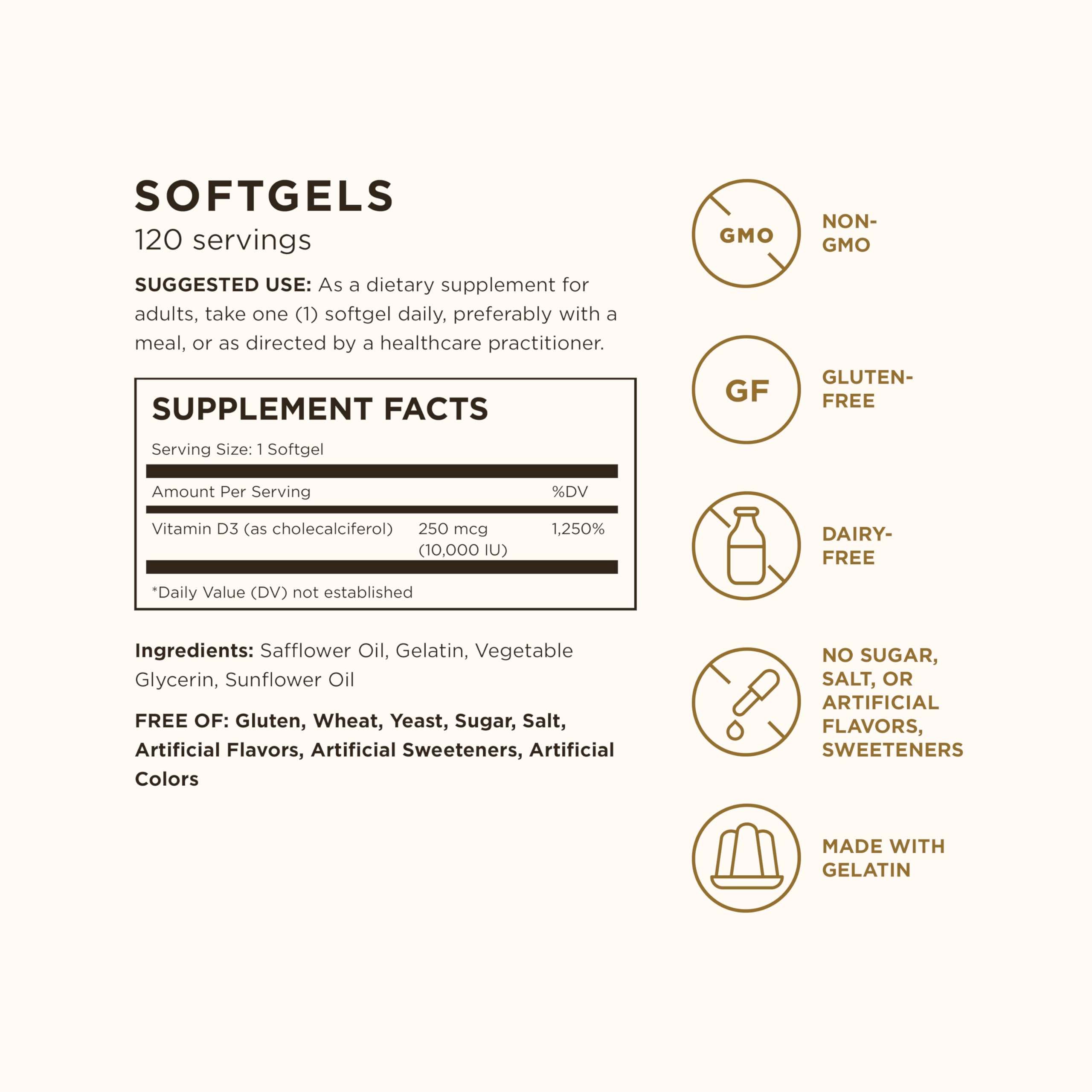 Solgar Vitamin D3 (Cholecalciferol) 250 MCG (10,000 IU), 120 Softgels - Helps Maintain Healthy Bones & Teeth - Immune System Support