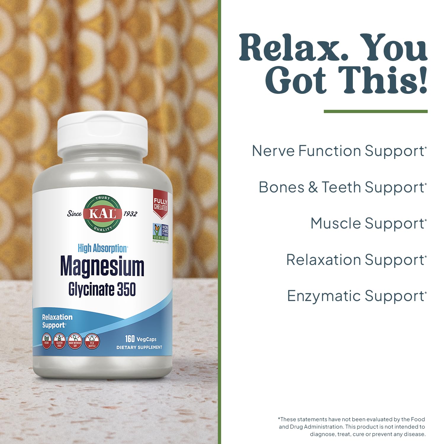 KAL Magnesium Glycinate Capsules, Fully Chelated Magnesium Bisglycinate, High Absorption Magnesium Supplement, Healthy Bones, Muscle, Relaxation and Stress Support, Non-GMO 160 count KALBuy Supplements Australia