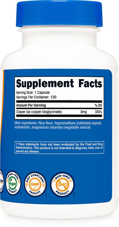 Nutricost Copper Glycinate Capsules (120 Capsules, 3MG Copper per Serving) - Non GMO, Vegan