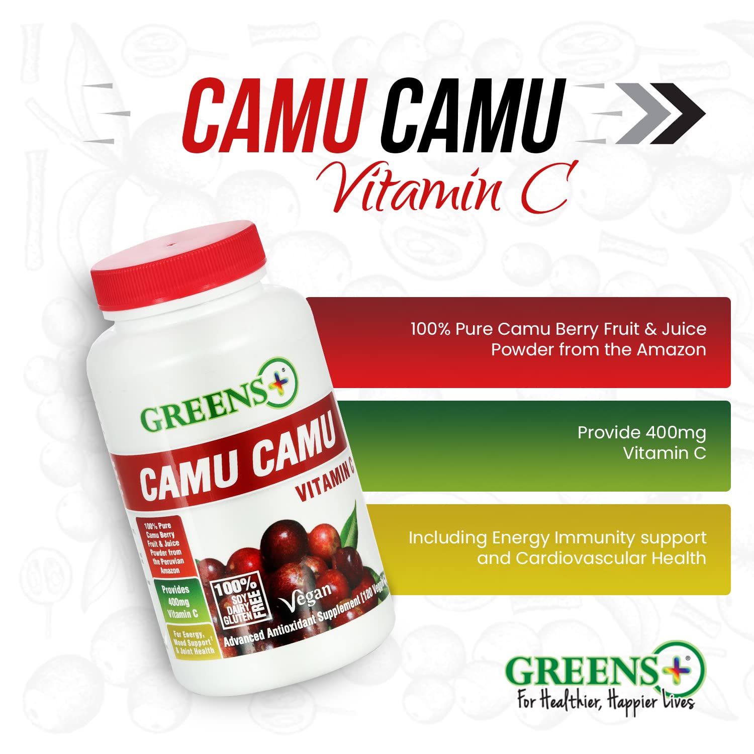 Greens+ Organic Reds Superfood Powder Camu Camu Dietary 400mg Vitamin C SuperFruit Supplement 120 Capsules, 100% Natural, Vitamins & Minerals, Vegan, Soy/Dairy/Gluten Free Greens+Buy Supplements Australia