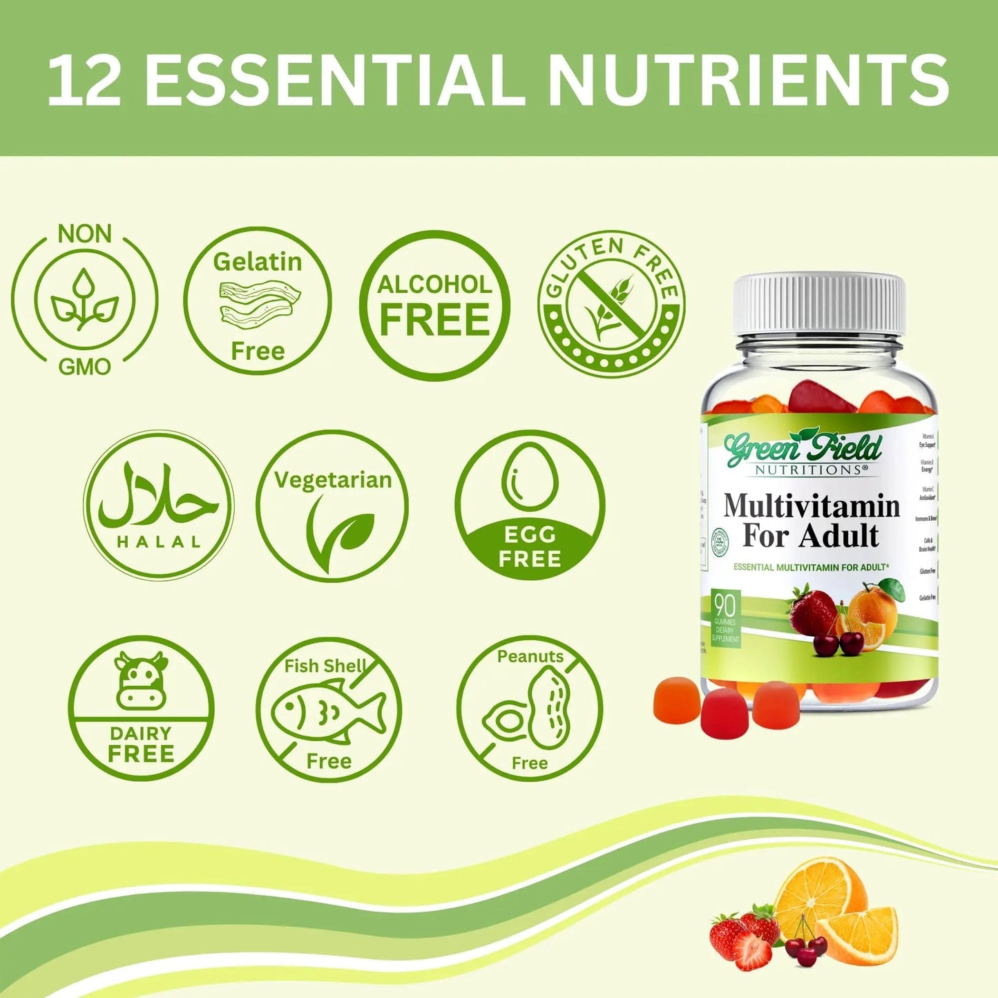 Greenfield Nutritions Halal Multivitamins for Adults | 90 Halal Vitamins for Women & Men | All Essential Gelatin Free Halal Gummy Vitamin, Mineral GREEN FIELD NUTRITIONS