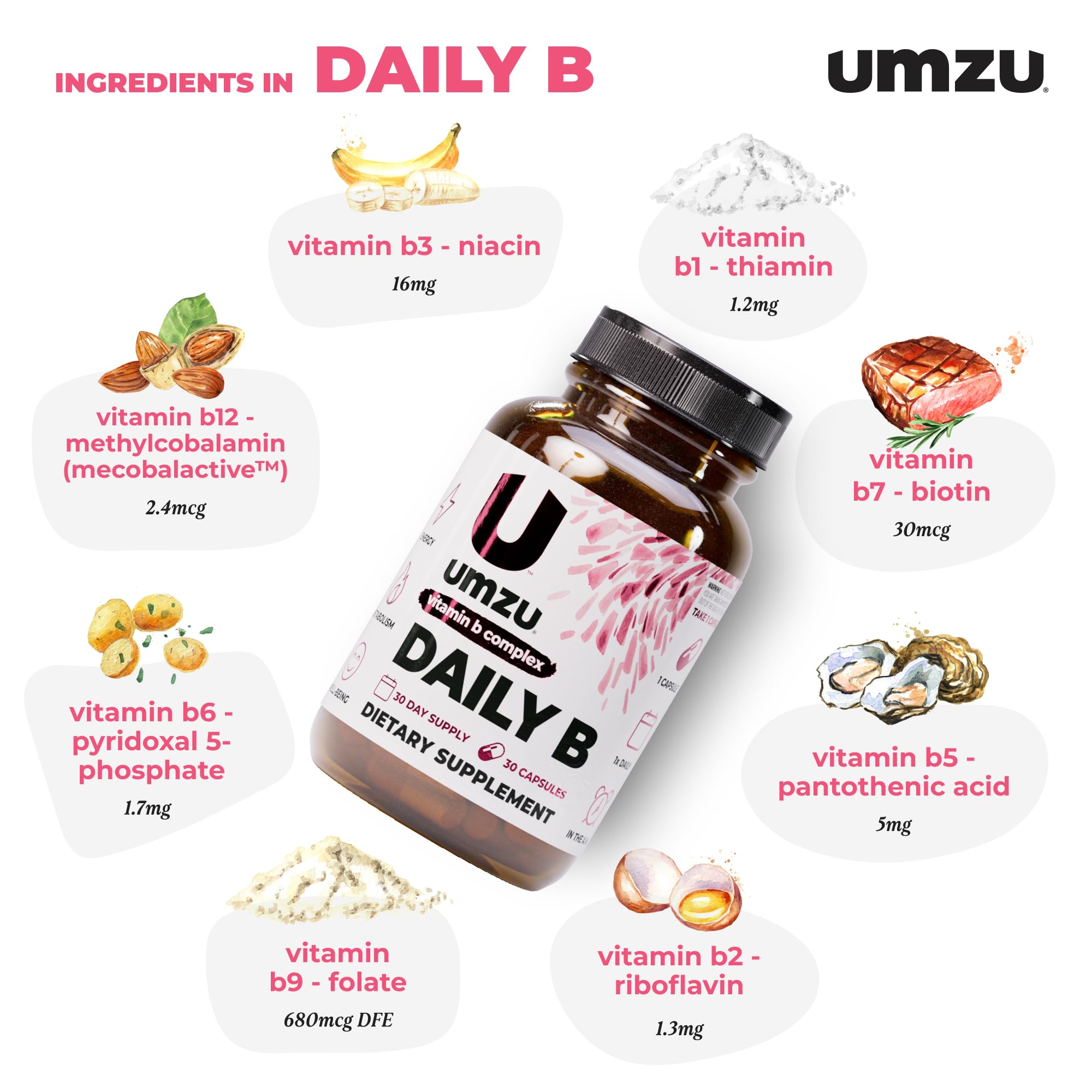 UMZU Daily B, 30 Day Supply – Complete Vitamin B Complex Supplement Blend with B1, B2, B3, B5, B6, B7, B9 & B12 Plus Folic Acid & Biotin – Supports Energy, Focus, Mood,