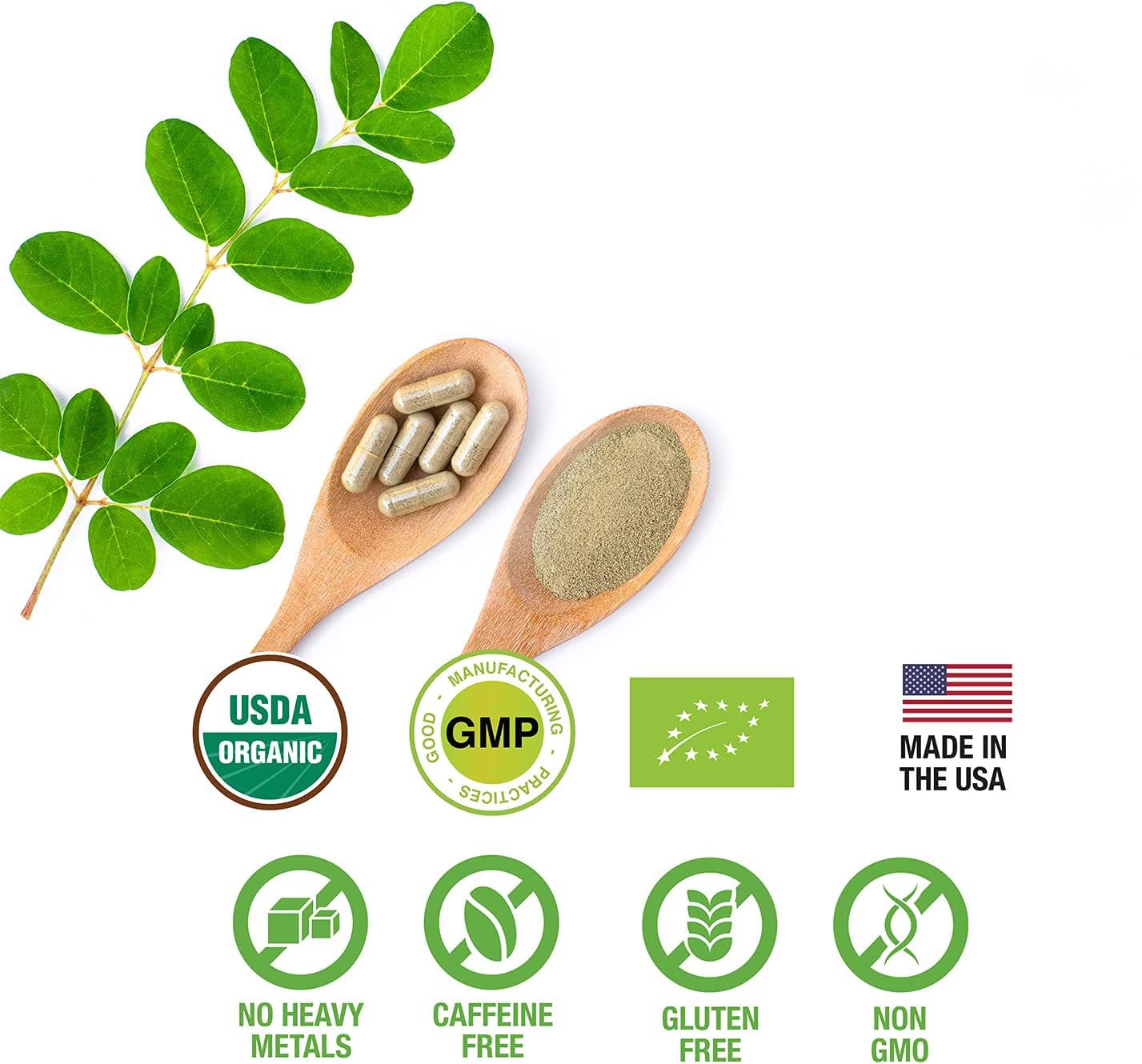 SUPREME HERBALS, 100% Raw and Pure Moringa Leaf Powder Capsules. Organic Certified Moringa Leaf. Natural Superfood with Essential Amino Acids