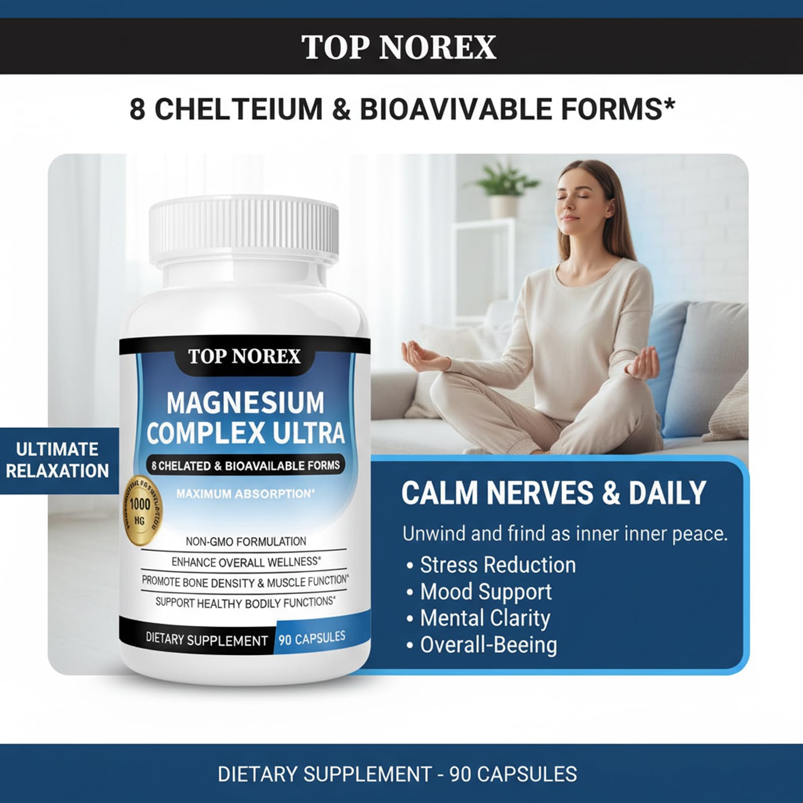 Top Norex Magnesium Complex Ultra - 8 Elemental 1000mg Magnesium Blend, Easy Absorption, 90 Capsules (1) Top Norex buy supplements Au