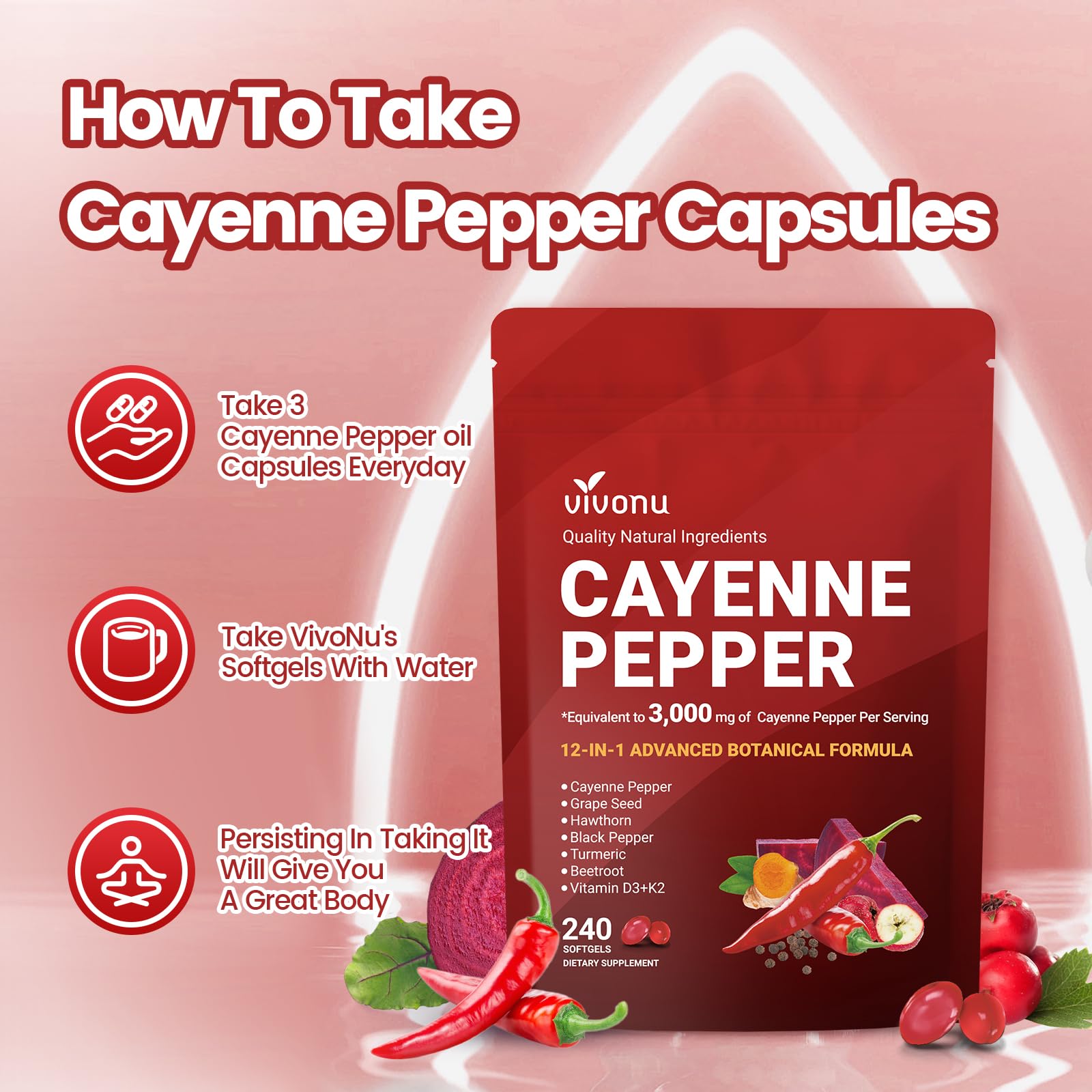 VivoNu Cayenne Pepper Softgels Supplement, Supports Leg Vein, Heart and Blood Vessel Health, with Vitamin E D3+K2 and Extracts of Grape Seed, Hawthorn, Beetroot, Berberine (Softgel / 1 Bag) VivoNu buy supplements Au