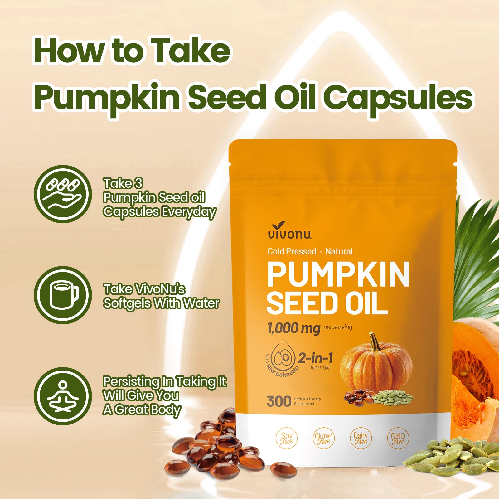VivoNu Pumpkin Seed Oil with Saw Palmetto Capsules | Cold Pressed, Pure Virgin Oil, Essential Fatty Acids & Phytosterols | 300 SoftgelsSupports Hair, Urinary