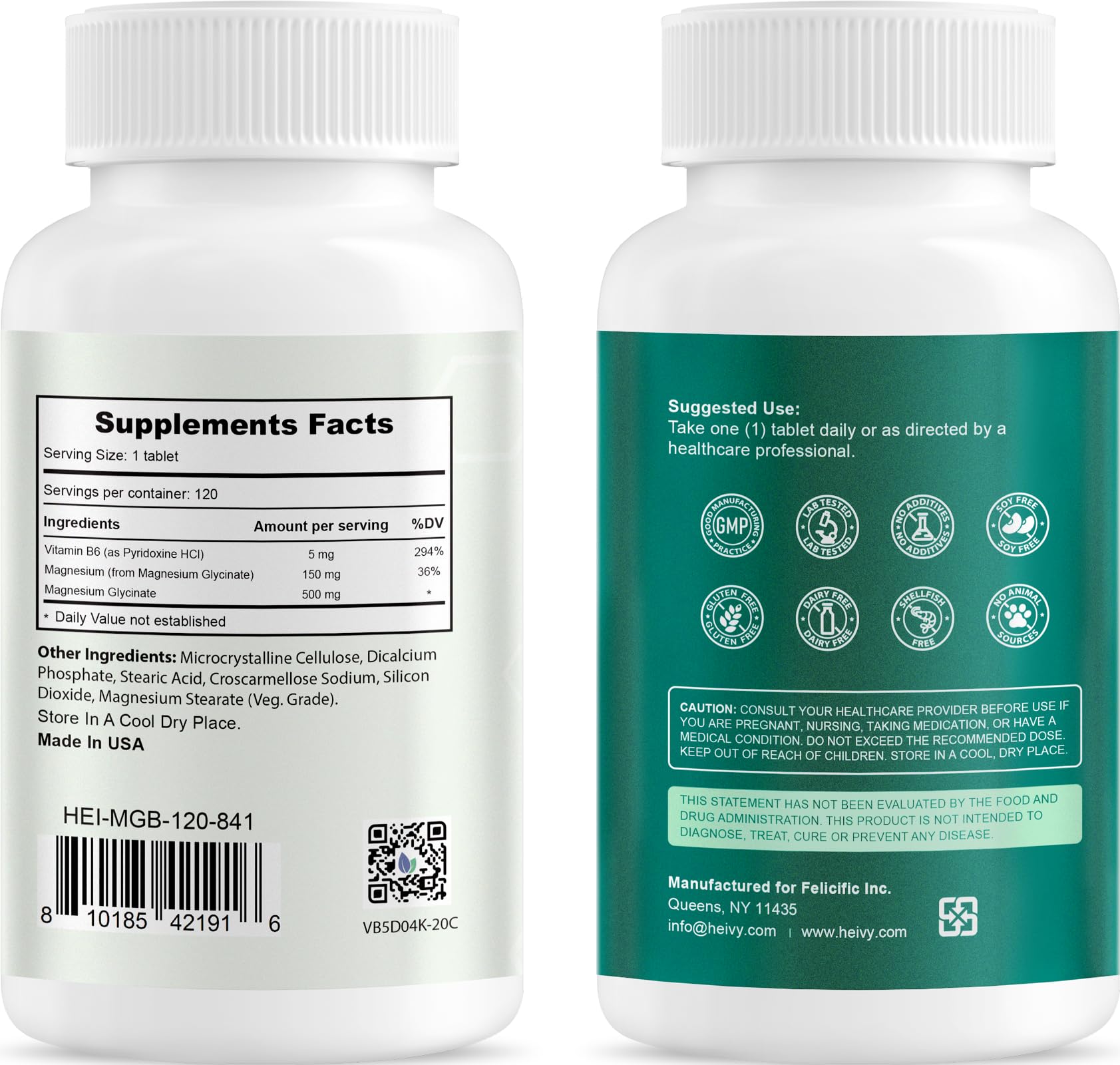 Heivy Pure Magnesium Glycinate 500mg with Vitamin B6, 100% Chelated & Purified Supports Nerve Relife, Sleep Aid & Muscle Support, Vegan & Non-GMO, Made in USA, 3rd Party Tested, 120 Tablets HeivyBuy Supplements Australia