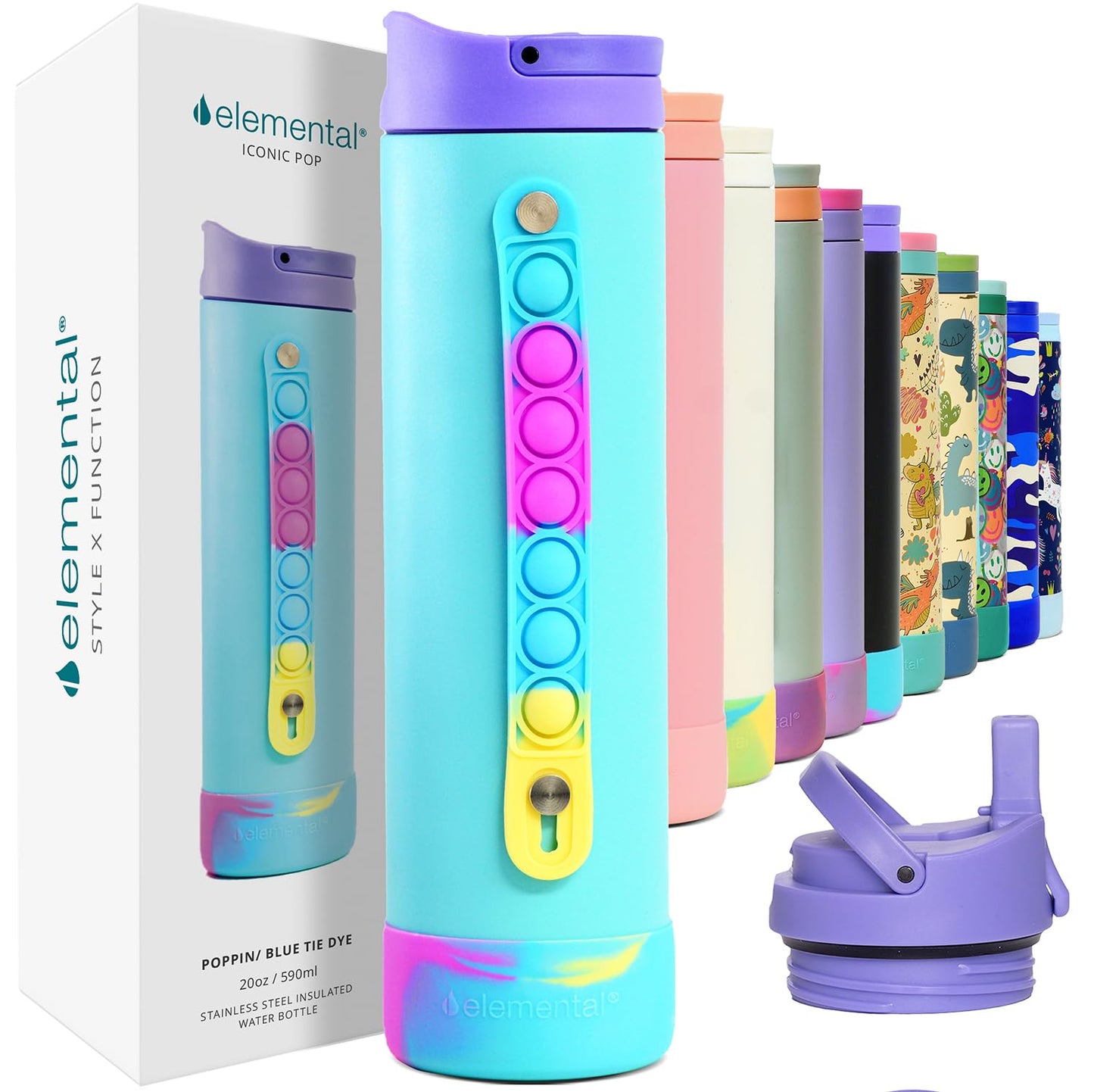 Elemental Iconic Water Bottle for School - 100% Leak-Proof Insulated Water Bottles with Straw Lid & Pop-It Handle - Triple-Wall Insulated & BPA-Free, 20oz – Blue Tie Dye Elemental buy supplements Au