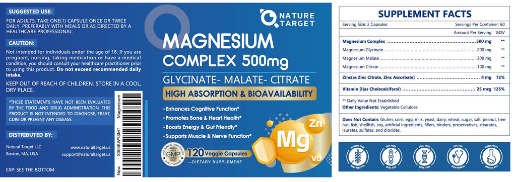 Magnesium Complex 500mg, Magnesium Glycinate, Malate & Citrate - High Absorption Chelated Triple Magnesium Supplement with Zinc, Vitamin D3 for Muscle, Nerve, Bone & Immune Support, Vegan 120 Capsules NATURE TARGET buy supplements Au