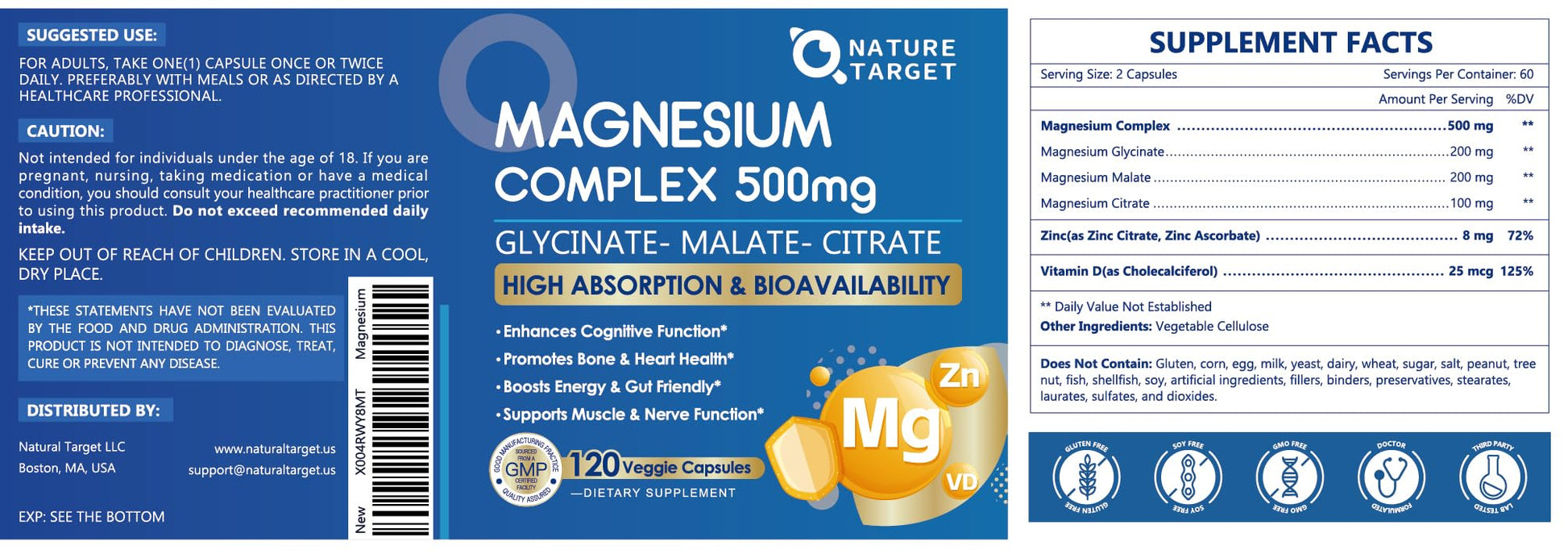 Magnesium Complex 500mg, Magnesium Glycinate, Malate & Citrate - High Absorption Chelated Triple Magnesium Supplement with Zinc, Vitamin D3 for Muscle, Nerve, Bone & Immune Support, Vegan 120 Capsules NATURE TARGET buy supplements Au