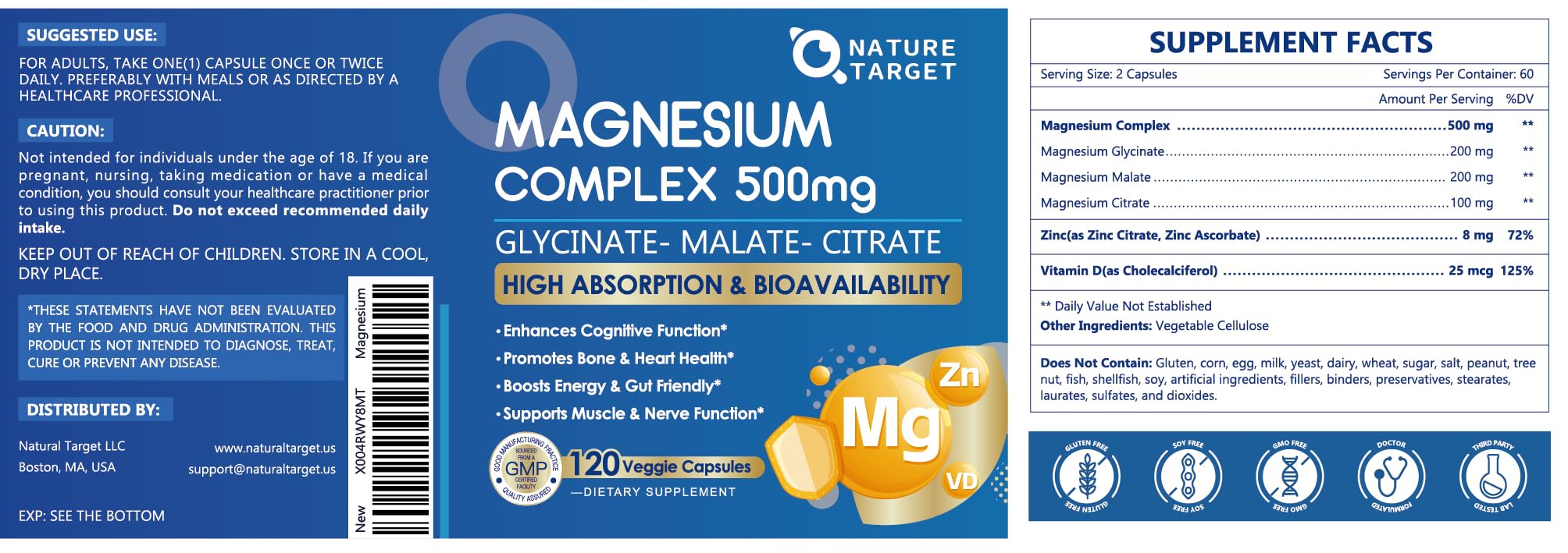 Magnesium Complex 500mg, Magnesium Glycinate, Malate & Citrate - High Absorption Chelated Triple Magnesium Supplement with Zinc, Vitamin D3 for Muscle, Nerve, Bone & Immune Support, Vegan 120 Capsules NATURE TARGET buy supplements Au