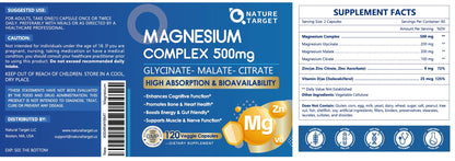 Magnesium Complex 500mg, Magnesium Glycinate, Malate & Citrate - High Absorption Chelated Triple Magnesium Supplement with Zinc, Vitamin D3 for Muscle, Nerve, Bone & Immune Support, Vegan 120 Capsules NATURE TARGET buy supplements Au