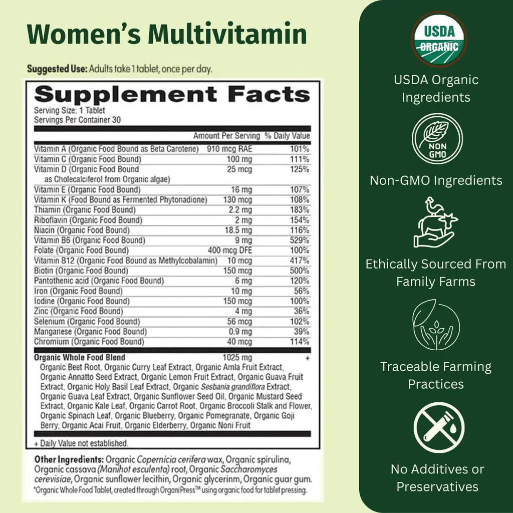 EarthFirst Organic Women’s Multi Once Daily, Women's Multivitamin, Iron, Vitamin B12 & More, 19 Vitamins from Herbs & Superfoods, 30 Count EarthFirst Organic
