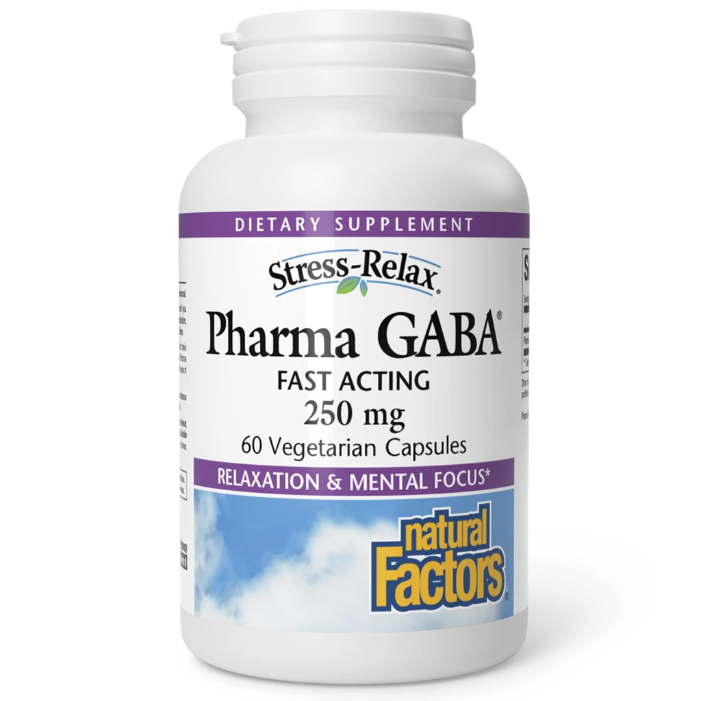 Bottle of Pharma GABA dietary supplement with 'Stress-Relax' label on a white background