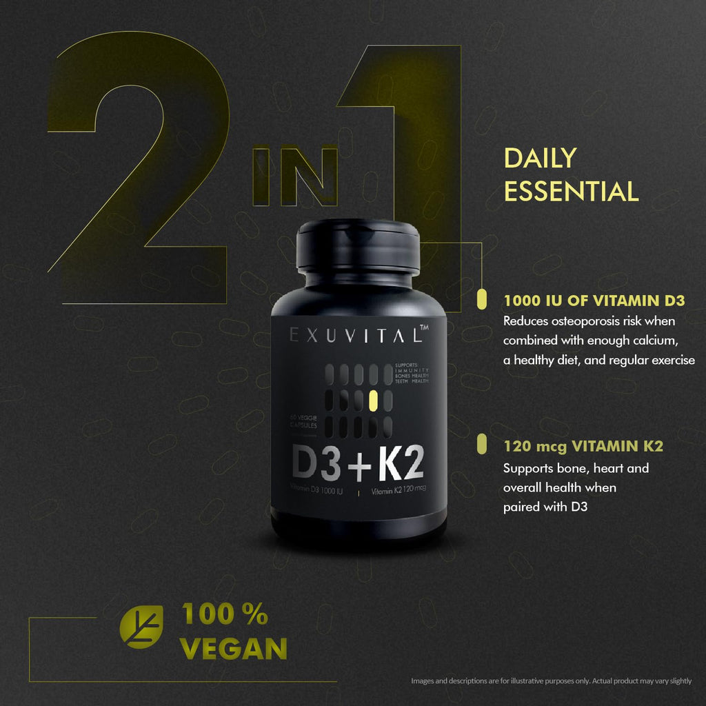 EXUVITAL D3 & K2 Vitamin Supplement, Vegan D3 1000 IU & K2 MK7 120 mcg for Bone, Heart & Immune Support, Non-GMO, Gluten-Free, 60 Vegan Capsules, 2 Months Supply EXUVITAL buy supplements Au