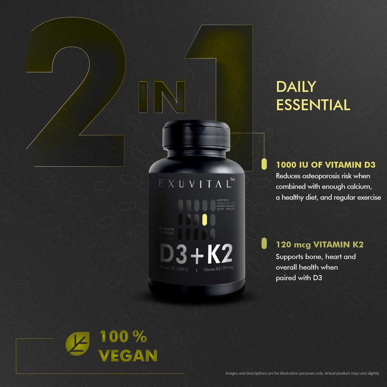 EXUVITAL D3 & K2 Vitamin Supplement, Vegan D3 1000 IU & K2 MK7 120 mcg for Bone, Heart & Immune Support, Non-GMO, Gluten-Free, 60 Vegan Capsules, 2 Months Supply EXUVITAL buy supplements Au