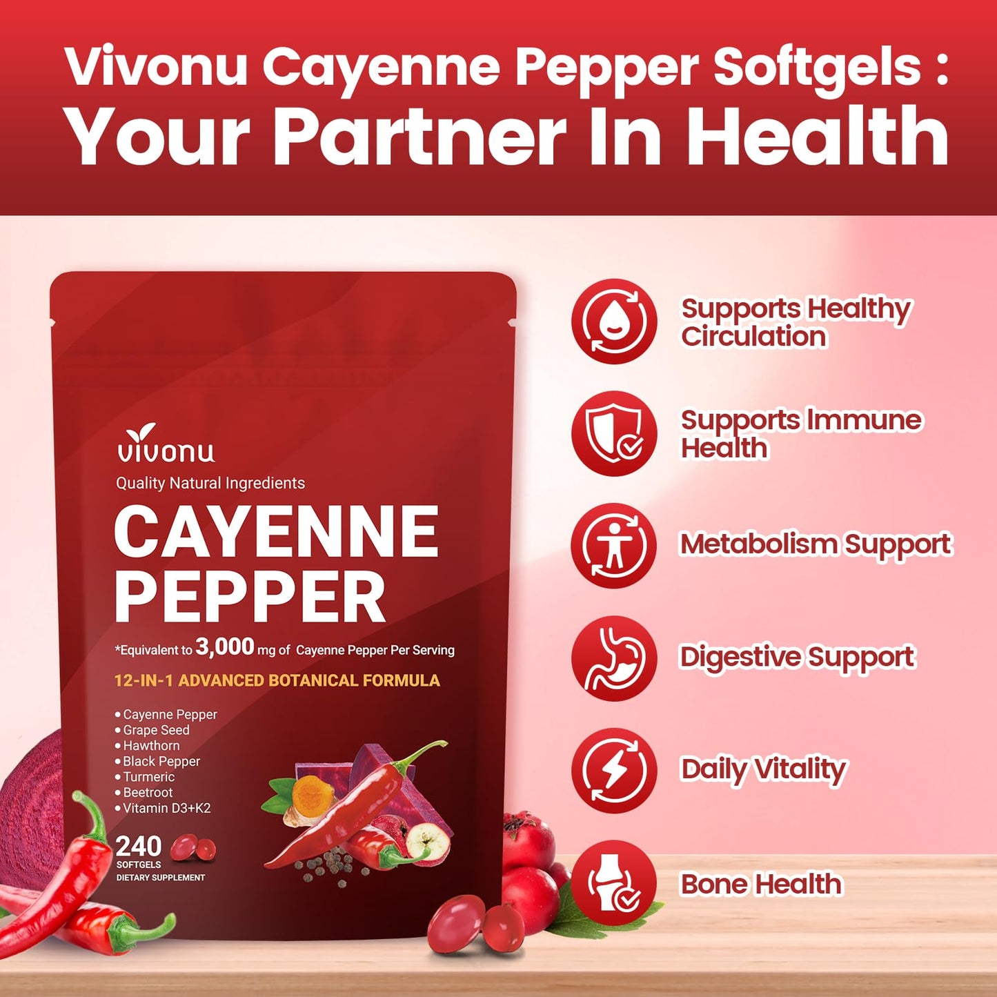 VivoNu Cayenne Pepper Softgels Supplement, Supports Leg Vein, Heart and Blood Vessel Health, with Vitamin E D3+K2 and Extracts of Grape Seed, Hawthorn, Beetroot, Berberine (Softgel / 1 Bag) VivoNu buy supplements Au
