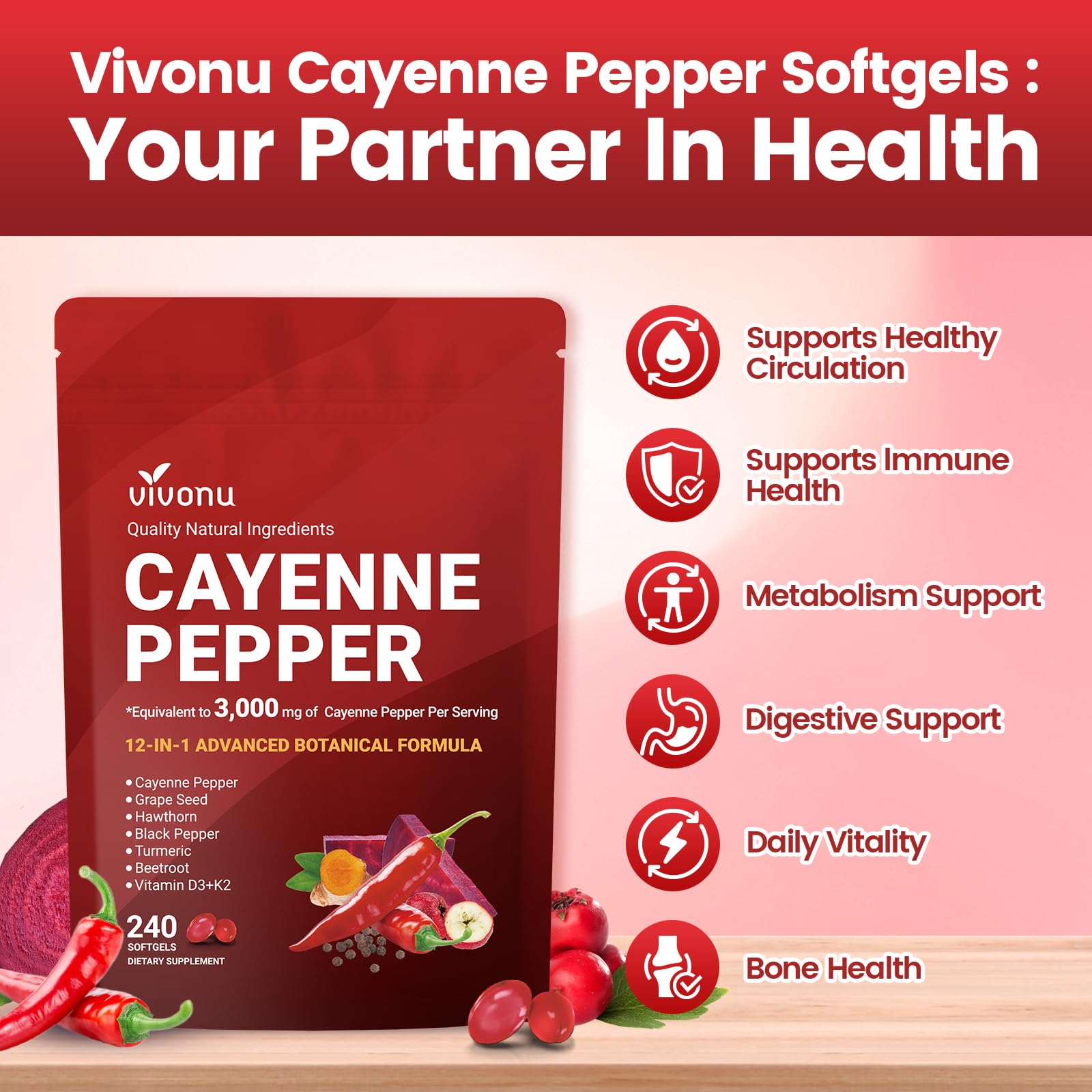 VivoNu Cayenne Pepper Softgels Supplement, Supports Leg Vein, Heart and Blood Vessel Health, with Vitamin E D3+K2 and Extracts of Grape Seed, Hawthorn, Beetroot, Berberine (Softgel / 1 Bag) VivoNu buy supplements Au