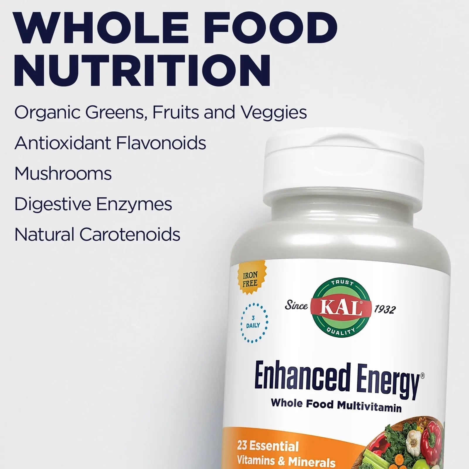 KAL® Enhanced Energy Multivitamin | Whole Food Based Vitamins & Minerals w/ Antioxidants, Digestive Enzymes & Natural Carotenoids | 180 Capsules KAL