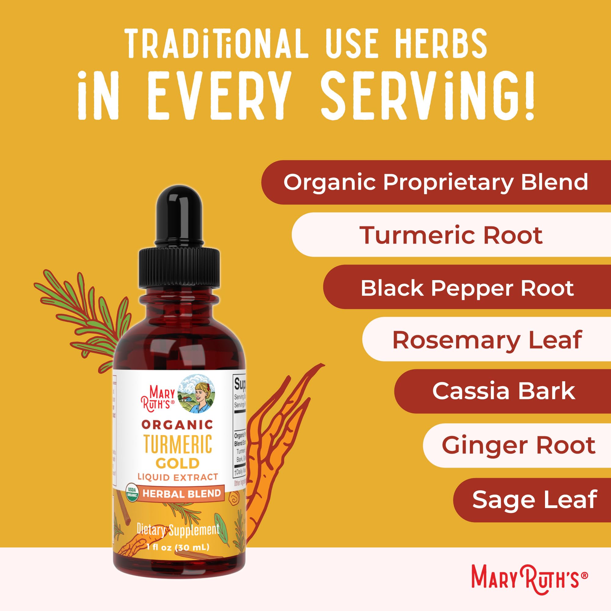 MARYRUTH'S Organics USDA Turmeric Gold Liquid Drops | Herbal Blend | Turmeric Curcumin | Black Pepper | Cassia Cinnamon Bark | Ginger Root | Immune Support