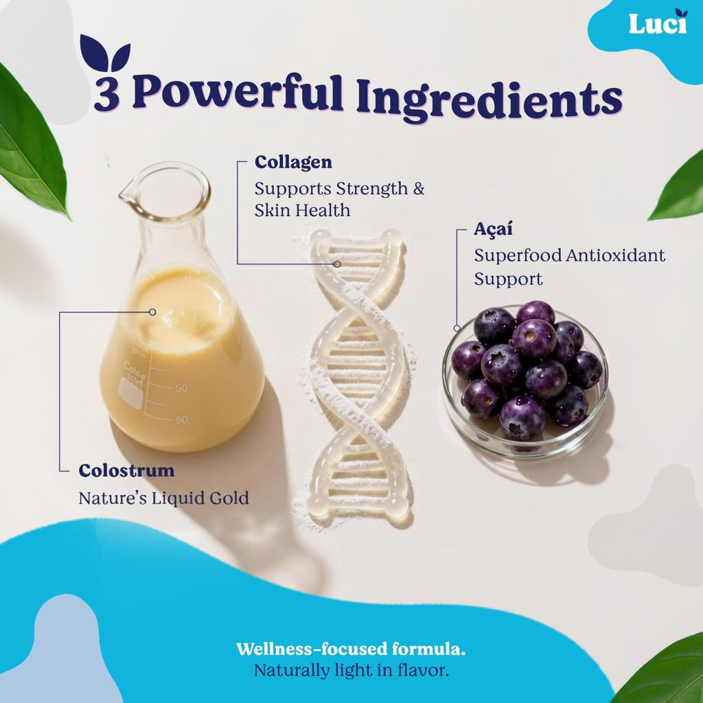 Luci Colostrum Powder 60 Servings, 3 in 1 with Collagen Peptides and Acai, Bovine Colostrum for Gut Health, Bloating, Collagen Protein for Muscle, Skin, Hair, Nails and Immunity, Gluten & Fat Free Luci NutritionBuy Supplements Australia
