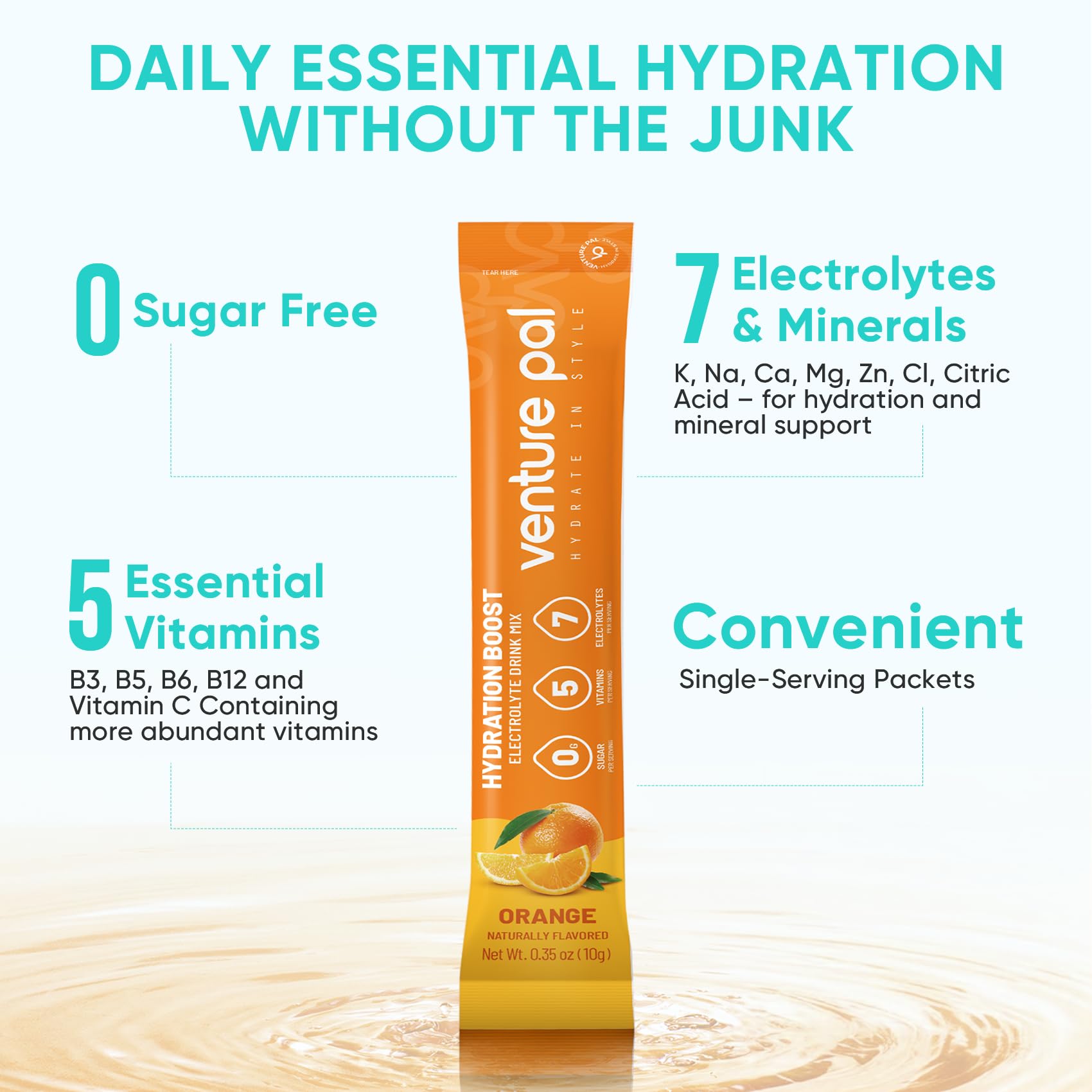 Venture Pal Sugar Free Electrolytes Powder Packets - Liquid Daily IV Hydration Packets | Instantly Hydrating & Party Recovery | 5 Vitamins & 7 Electrolytes