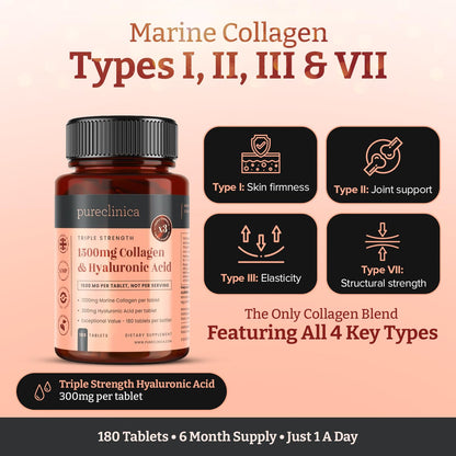 pureclinica 1500mg UltraColl Collagen (1200mg) and Hyaluronic Acid (300mg) x 180 Tablets - 6 Months Supply pureclinica buy supplements Au