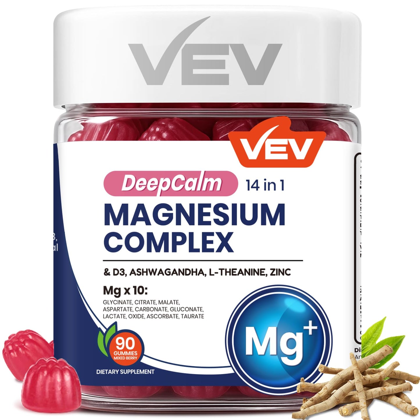 Jar of VEV DeepCalm Magnesium Complex dietary supplement with gummy bears and herbs on a white background