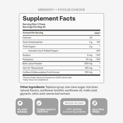 Humann Memory and Focus Chews, Brain Supplement for Mental Alertness with Beet Root Powder, Clinically Studied Nootropics, Resveratrol Plus Beet Root Powder