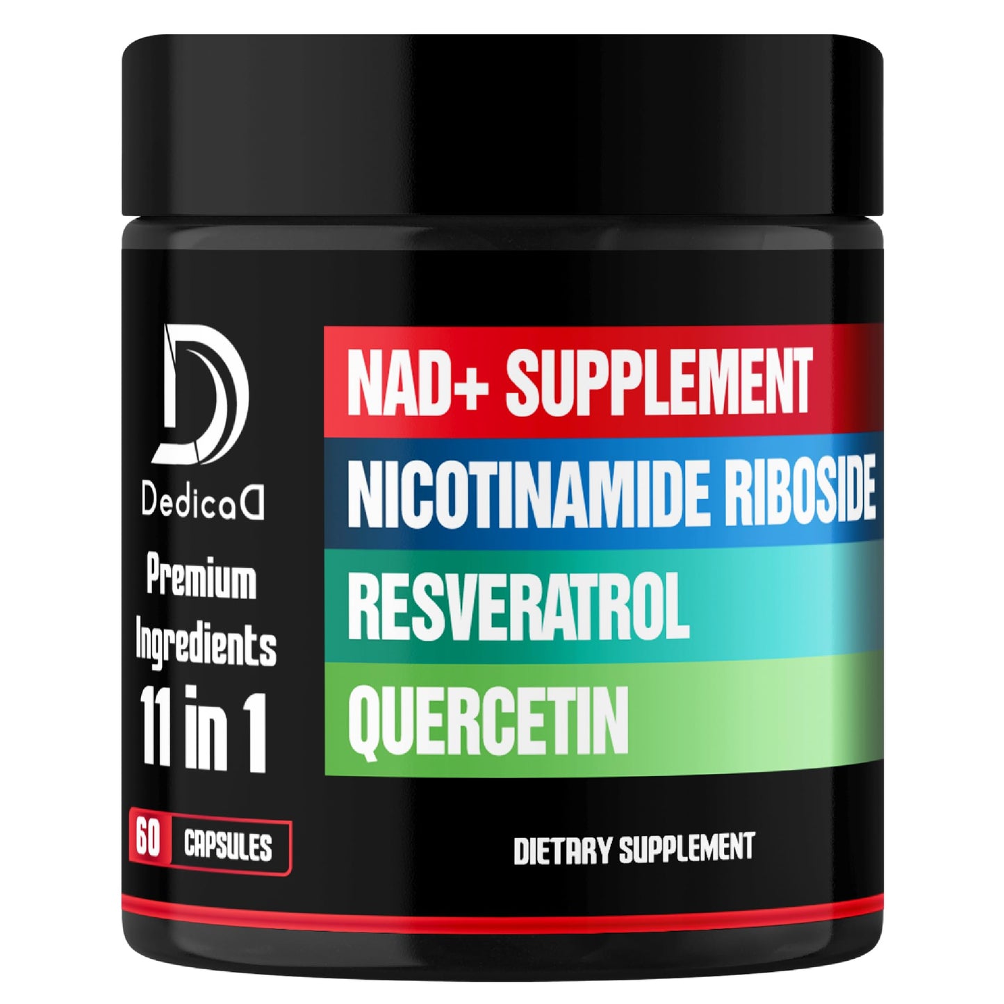 Black supplement jar with colorful label featuring ingredients and branding