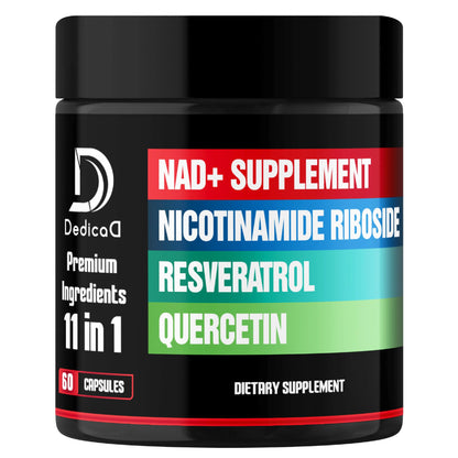 Black supplement jar with colorful label featuring ingredients and branding