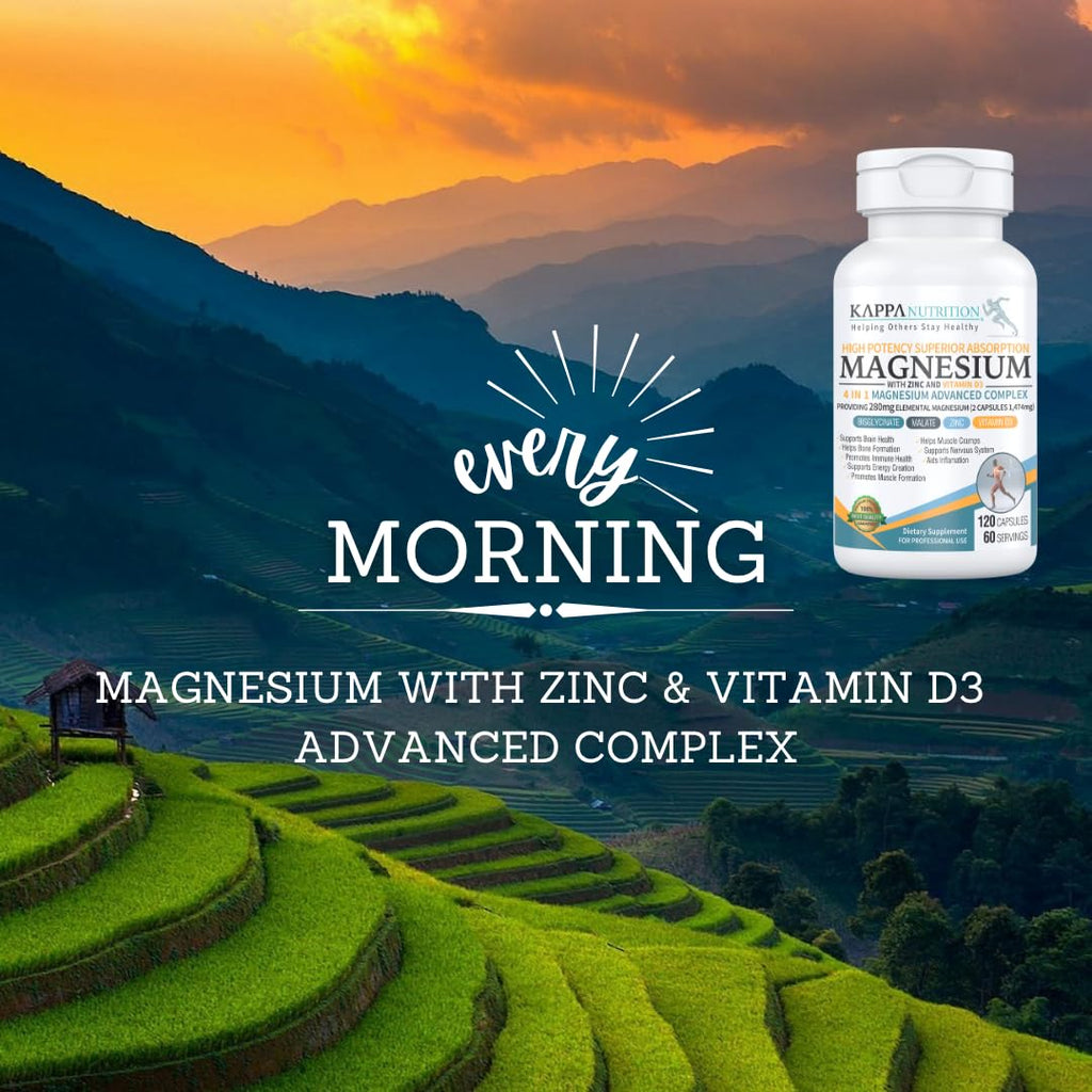 Kappa Nutrition Magnesium 4-in-1, 280mg Elemental Magnesium (Bisglycinate, Malate) + Zinc & Vitamin D3, Brain, Sleep, Energy, Muscle, Immune Support, 120 Vegan Capsules. KAPPA NUTRITION buy supplements Au