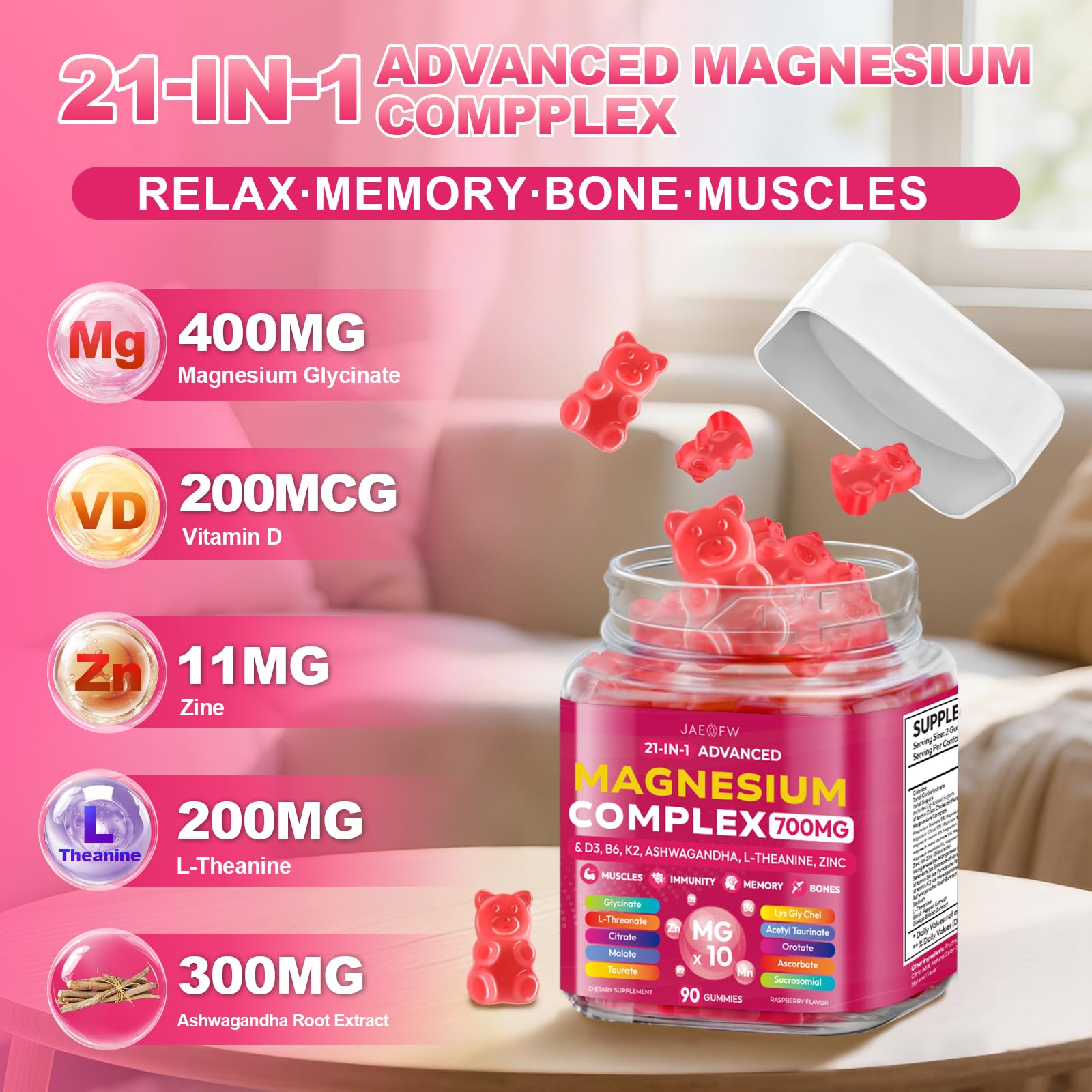 Magnesium Glycinate Gummies 700MG - 21-in-1 Advanced Magnesium Supplement with Ashwagandha, L-Theanine, Zinc, Vitamin - Sugar Free Magnesium Gummies for zzZ