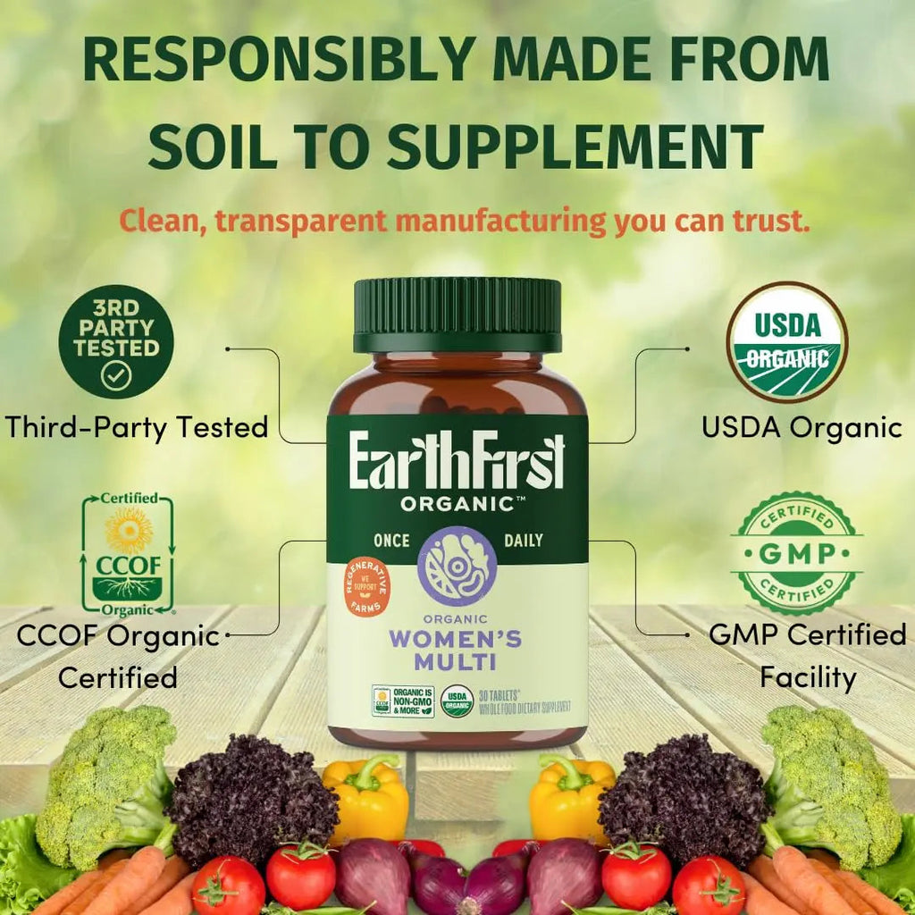 EarthFirst Organic Women’s Multi Once Daily, Women's Multivitamin, Iron, Vitamin B12 & More, 19 Vitamins from Herbs & Superfoods, 30 Count EarthFirst Organic