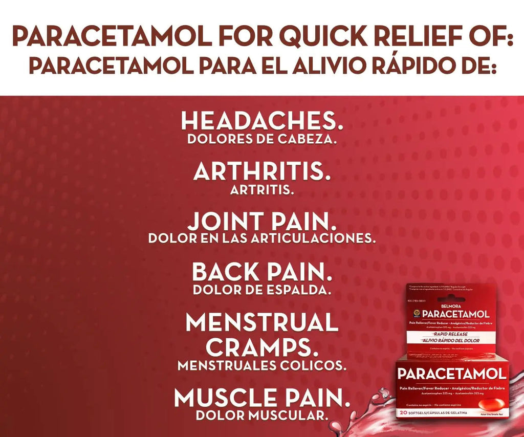 Belmora Paracetamol Acetaminophen 325mg 20 Softgels for Pain Relief, Liquid Filled Capsules for Rapid Release, Fever Reducer for Adults Extra Strength Belmora paracetamolBuy Supplements Australia