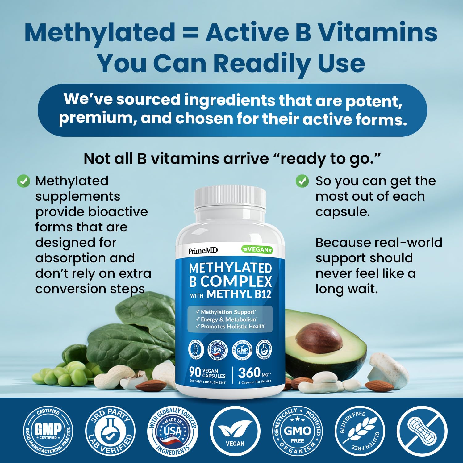 Methylated B Complex with Methylfolate and B12 Methylcobalamin 1000 mcg - Methylated Multivitamin for Energy, Brain Function, and Wellness - Vitamin B Complex for Men & Women (90 Servings) (Pack of 1) PrimeMDBuy Supplements Australia