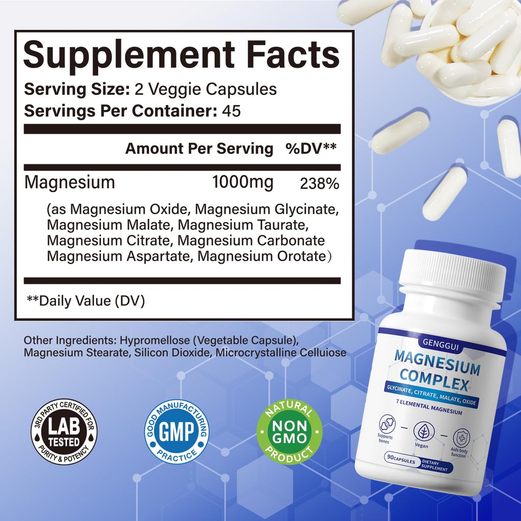 Magnesium Complex 1000mg with 8 Types - Glycinate, Citrate, Malate - Supports Muscle Relaxation, Bone Health, Energy Production & Sleep - High Absorption, Non-GMO, Vegan Capsules, 90 Count (001) ZYGCDZ buy supplements Au