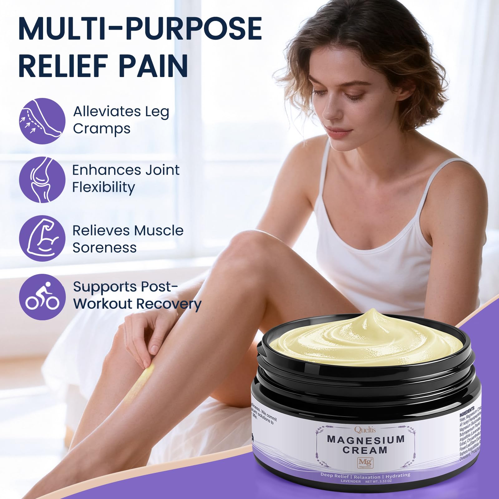 QUELTIS Magnesium Cream, Magnesium Lotion for Sleep, Pain & Leg Cramps, Topical Magnesium Chloride Cream for Muscle Relaxation, Calm, Moisturizing