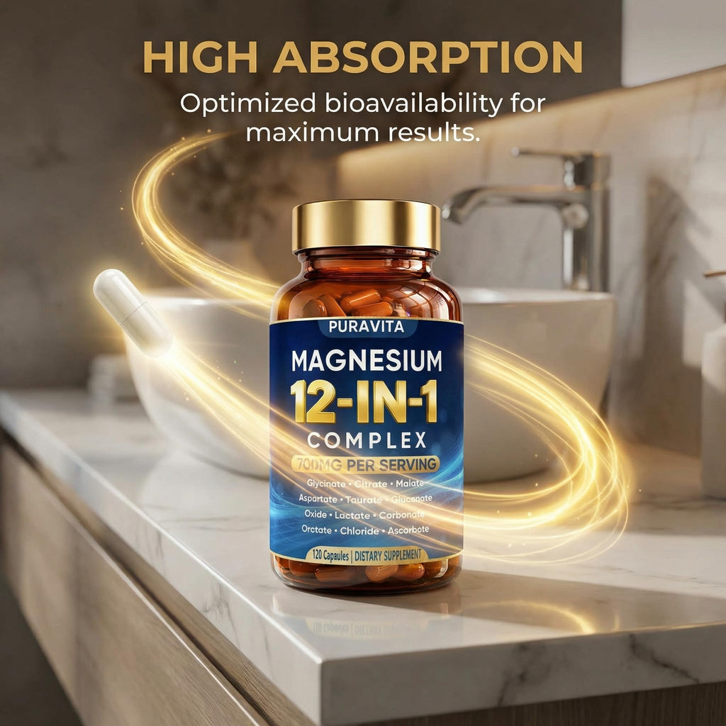Puravita 12 in 1 Magnesium Complex Capsules - 700mg High Absorption Blend with Glycinate, Citrate, Malate, Oxide & Taurate. Supports Muscle Function, Nerve Health & Relaxation - 120 Capsules (1) PURAVITA buy supplements Au