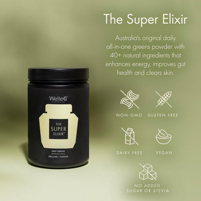 WelleCo The Super Elixir, Daily Greens Powder with Probiotics, Superfoods & Whole Foods, Unflavored Drink Mix for Gut Health, Immunity, Energy, Skin & Hair, 10.5oz Jar WelleCoBuy Supplements Australia